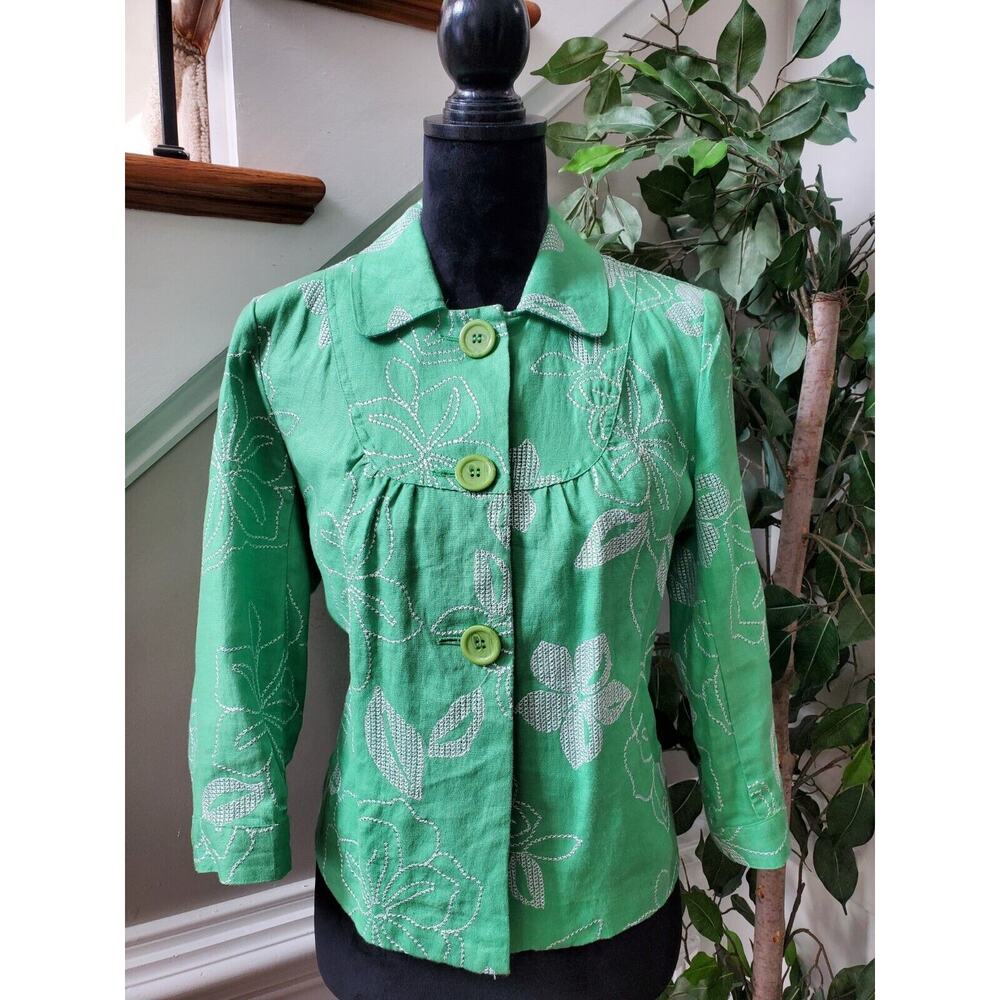 JM Collection Women Green Floral 100% Linen Long Sleeve Buttons Front Jacket 6P - Picture 1 of 12